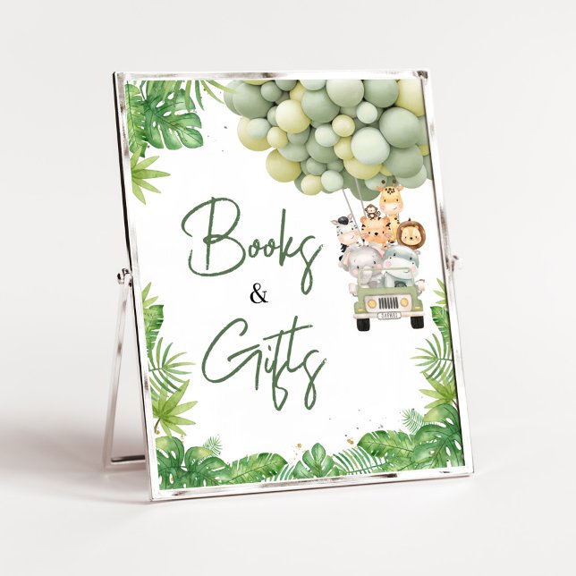 Oh Boy Jungle Safari Baby Shower Bokar och Gifts Poster (Safari Truck Balloons Baby Shower Books and Gifts Sign)