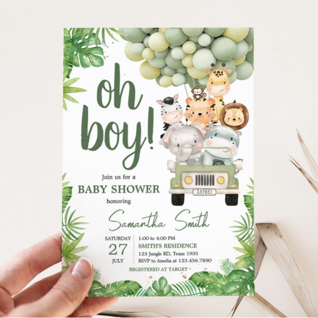 Oh Boy Jungle Safari Baby Shower Inbjudningar (Safari Truck Balloons Baby Shower Invitation)