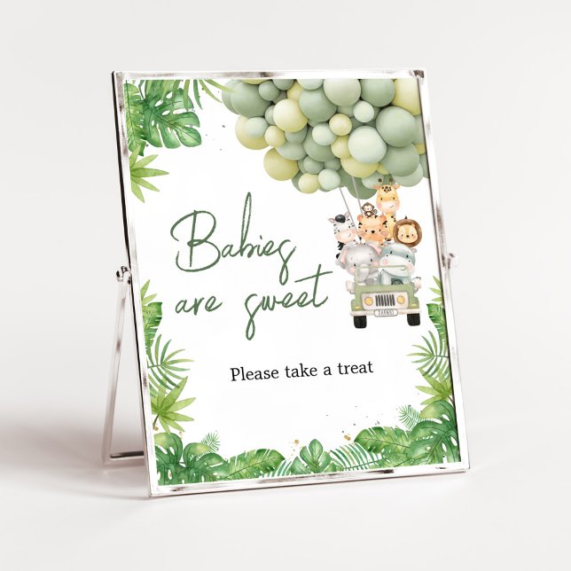 Oh Boy Jungle Safari Baby Shower Spädbarn är Sweet Poster (Safari Truck Balloons Baby Shower Babies are Sweet Sign)