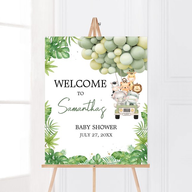 Oh Boy Jungle Safari Baby Shower Välkommen Poster (Safari Truck Balloons Baby Shower Welcome Sign)