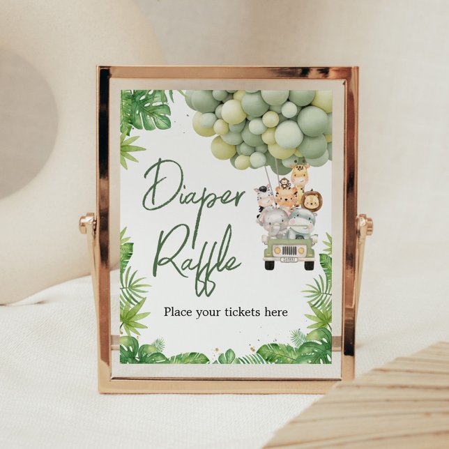 Oh Boy Jungle Safari Shower Diaper Raffle Sign Poster (Safari Animals Baby Shower Sign)