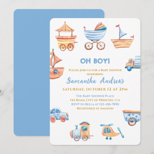 Oh Boy Leksak Cute Baby Shower-inbjudan Inbjudningar (Fram/baksida)