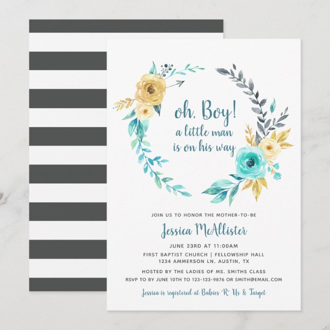 oh Boy Little Man Baby Shower mörk Grått-inbjudan Inbjudningar (Fram/baksida)