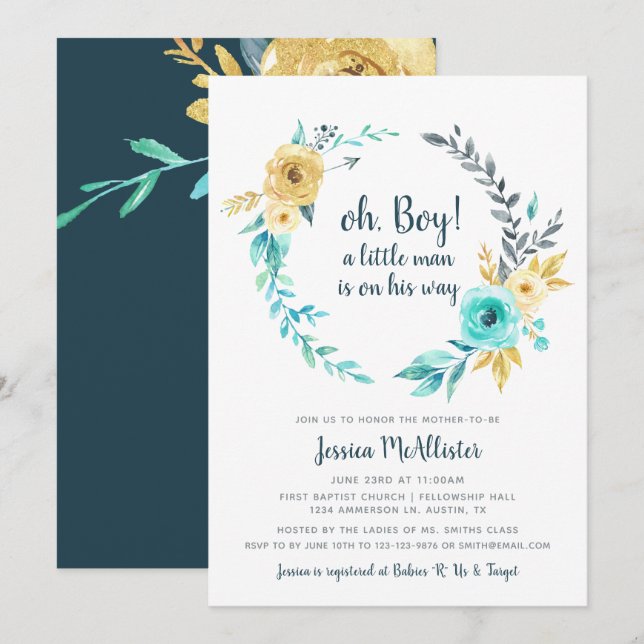 oh Boy Little Man Baby Shower mörk teal-inbjudan Inbjudningar (Fram/baksida)