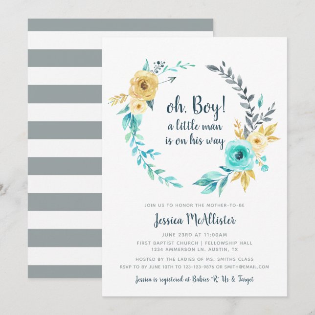 oh Boy Little Man Baby Shower Teal Guld-inbjudan Inbjudningar (Fram/baksida)