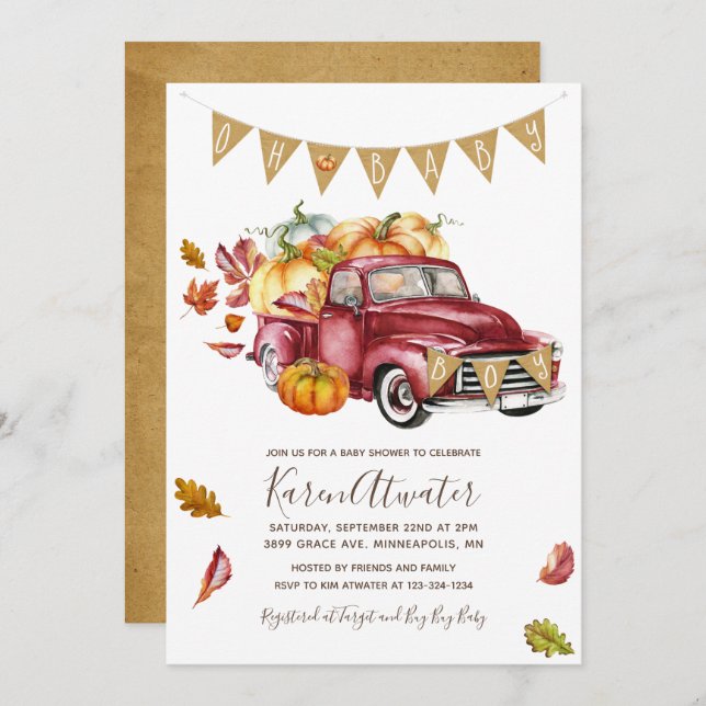 Oh Boy Little Pumpkin Fall Baby Shower-inbjudan Inbjudningar (Fram/baksida)