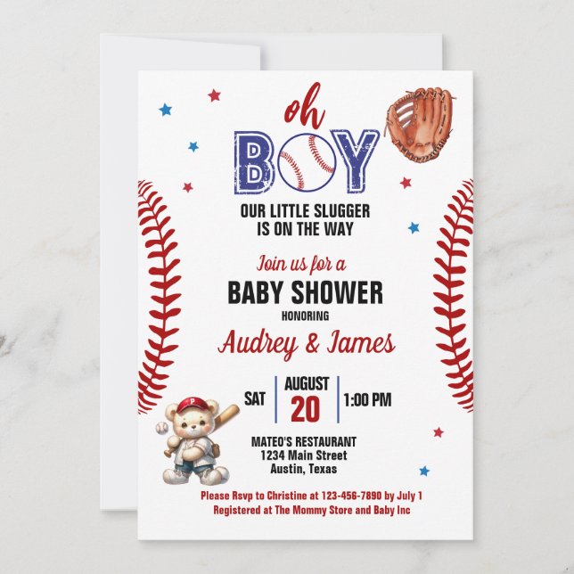 Oh Boy Little Slugger Baseball Theme Baby Shower Inbjudningar (Framsida)