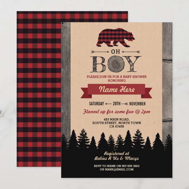Oh Boy Lumberjack Baby Shower Red Bear Inbjudan (Fram/baksida)