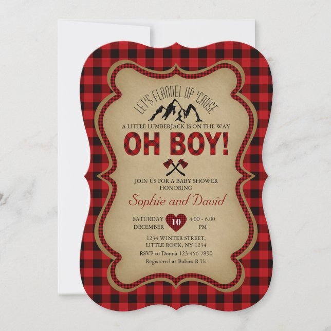 Oh Boy Lumberjack Red Buffalo Baby Shower Inbjudan (Framsida)
