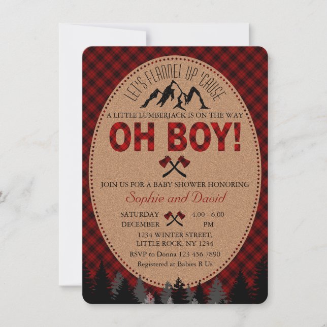 Oh Boy Lumberjack Red Buffalo Baby Shower Inbjudan (Framsida)