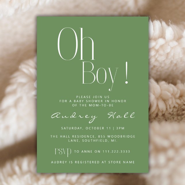 Oh Boy Minimalist Sage Grönt Modern Baby Shower Inbjudningar (Skapare uppladdad)
