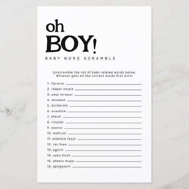 Oh Boy Minimalistic Ord Scramble Baby Shower Game (Framsida)