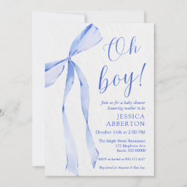 Oh boy! Modern Blue bow baby shower Inbjudningar