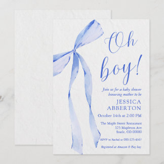 Oh boy! Modern Blue bow baby shower Inbjudningar