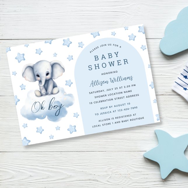 Oh Boy | Modern Blue Elephant Boy Shower Inbjudningar (Skapare uppladdad)