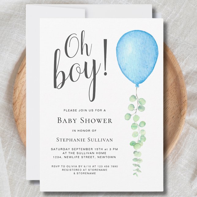 Oh Boy Modern Eucalyptus Blue Balloon Baby Shower Inbjudningar (Skapare uppladdad)