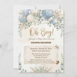 Oh boy modern eucalyptus blue balloons baby shower inbjudningar