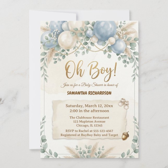 Oh boy modern eucalyptus blue balloons baby shower inbjudningar (Framsida)