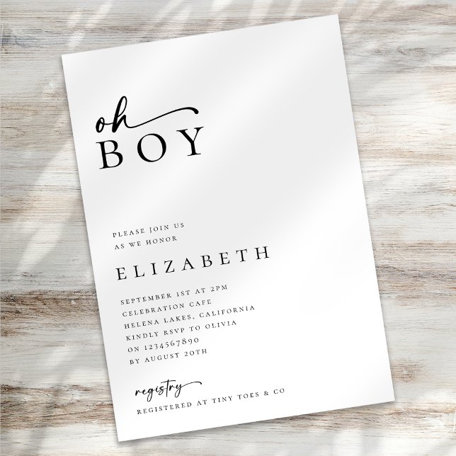Oh Boy Modern Minimalist Script Baby Shower Inbjudningar (Skapare uppladdad)