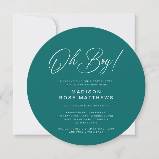 Oh Boy Modern Round  Script Teal  Baby Shower   Inbjudningar (Framsida)