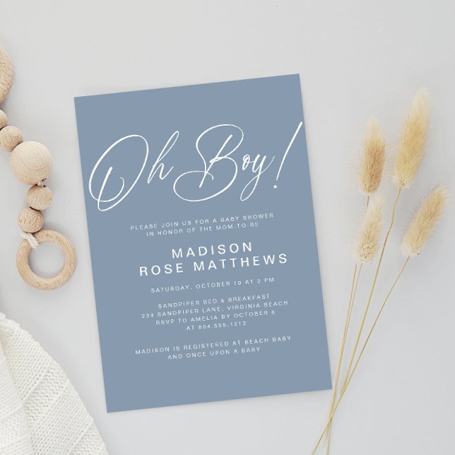 Oh Boy Modern Script Dusty Blue Baby Shower Inbjudningar (Skapare uppladdad)