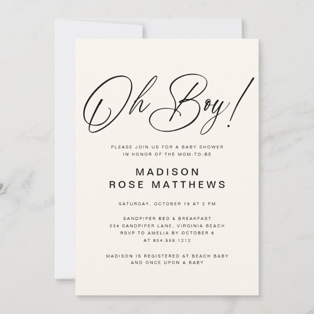 Oh Boy Modern Script Dusty Blue Bebis Shower Invit Inbjudningar (Framsida)