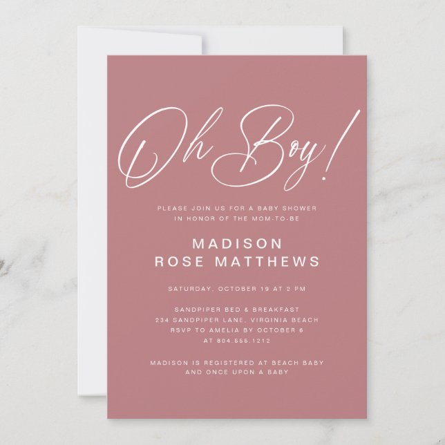 Oh Boy Modern Script Dusty Rose Baby Shower  Inbjudningar (Framsida)