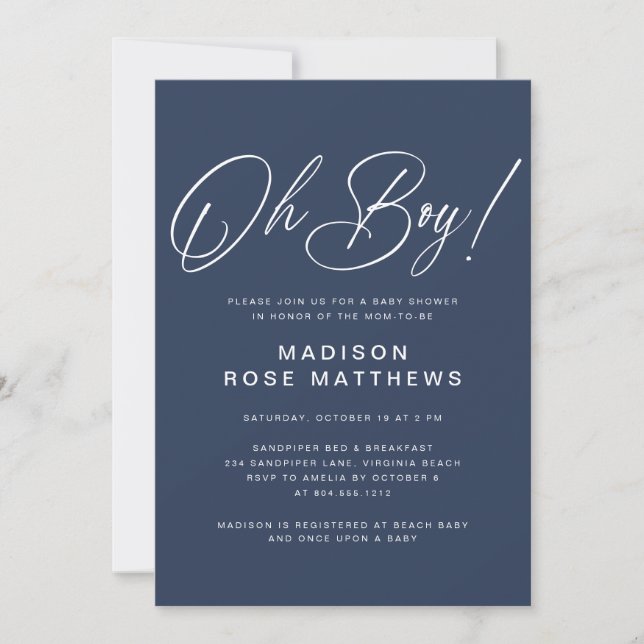 Oh Boy Modern Script Navy Blue  Baby Shower   Inbjudningar (Framsida)
