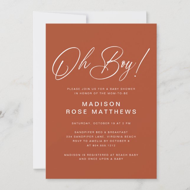 Oh Boy Modern Script Rost   Baby Shower   Inbjudningar (Framsida)