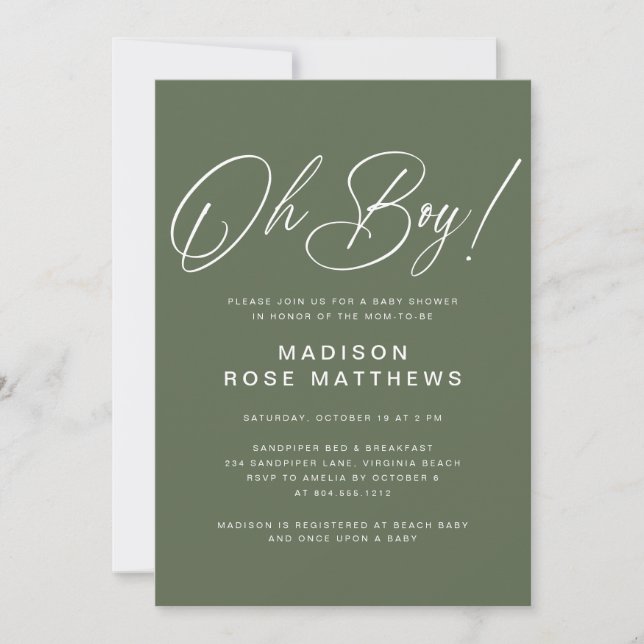Oh Boy Modern Script Sage Olive Baby Shower   Inbjudningar (Framsida)