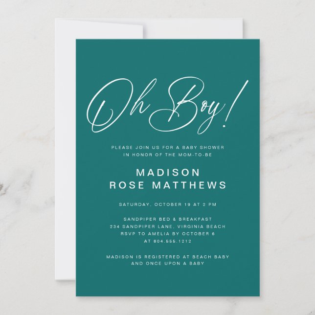 Oh Boy Modern Script Teal  Baby Shower   Inbjudningar (Framsida)