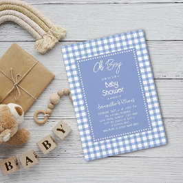 Oh Boy Modern Simple Blue Gingham Boy Shower Inbjudningar