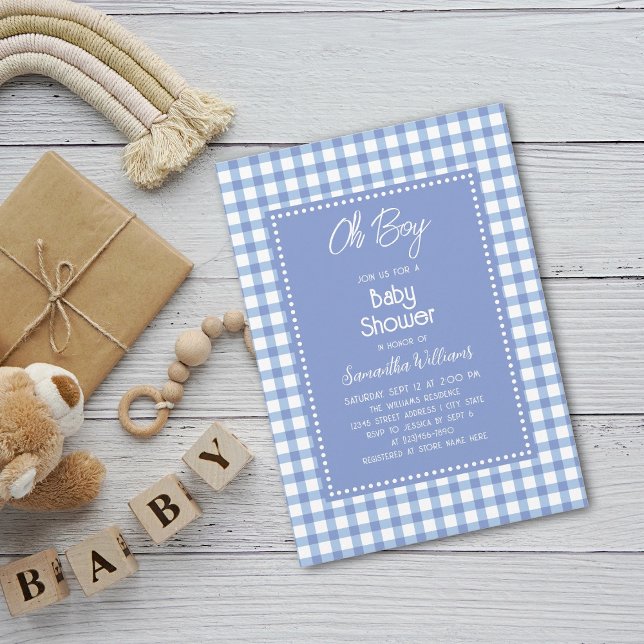 Oh Boy Modern Simple Blue Gingham Boy Shower Inbjudningar (Skapare uppladdad)