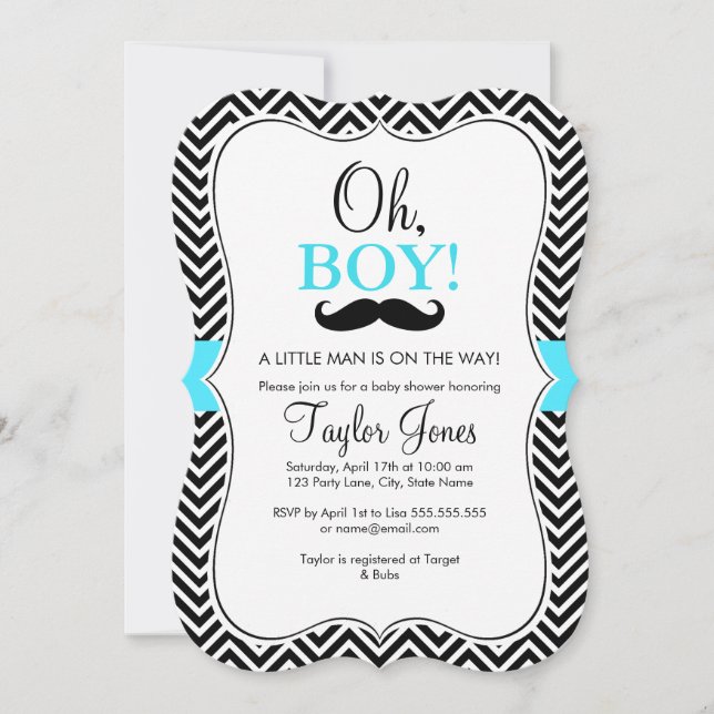 Oh Boy Mustache Baby Shower Inbjudan / Blue (Framsida)