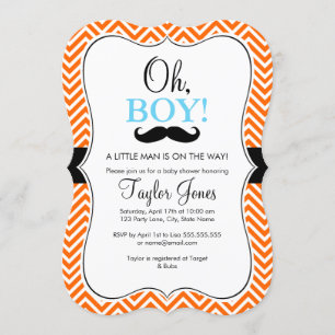 Oh Boy Mustache Baby Shower Inbjudan / Blue & Oran