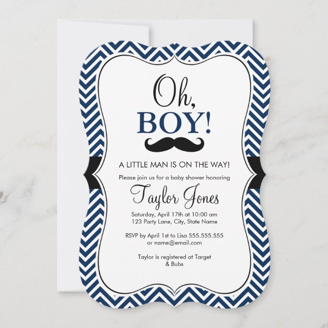 Oh Boy Mustache Baby Shower Inbjudan / Navy (Framsida)