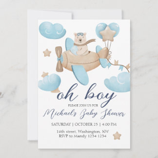 Oh Boy Nalle Airplan Baby Shower Inbjudningar