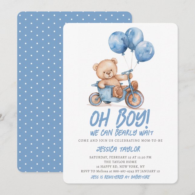 Oh Boy Nalle Boy Blue Barly Wait Baby Shower Inbjudningar (Fram/baksida)
