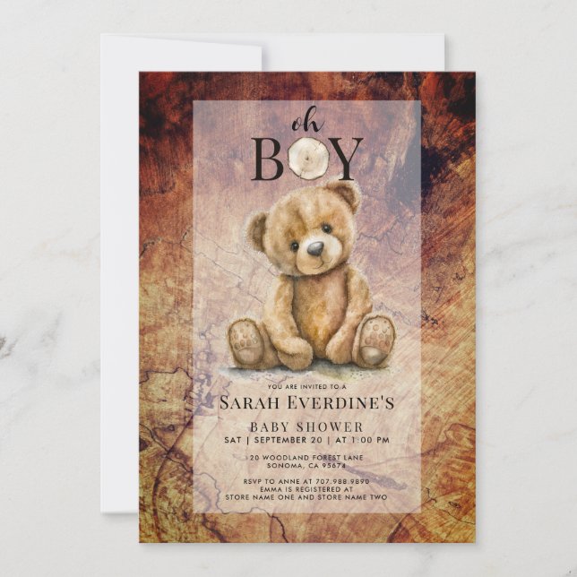 Oh Boy Nalle Rustic Wood Grain Baby Shower Inbjudningar (Framsida)