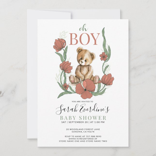 Oh Boy Nalle Watercolor Baby Shower Inbjudningar (Framsida)