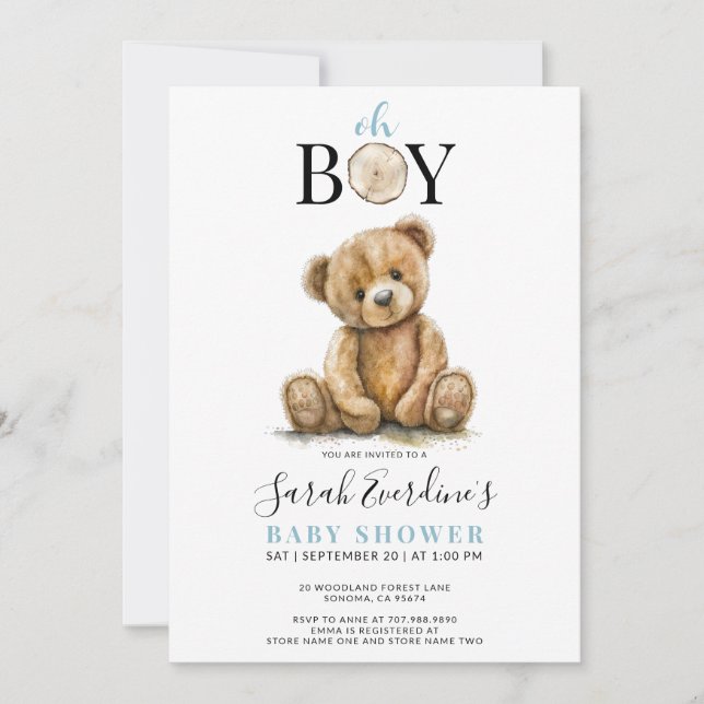 Oh Boy Nalle Watercolor Baby Shower Inbjudningar (Framsida)