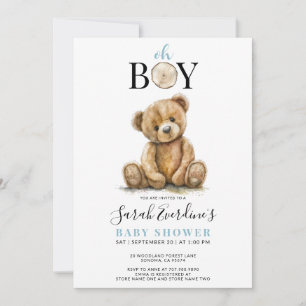 Oh Boy Nalle Watercolor Baby Shower Inbjudningar