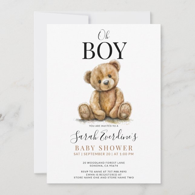 Oh Boy Nalle Watercolor Baby Shower Inbjudningar (Framsida)