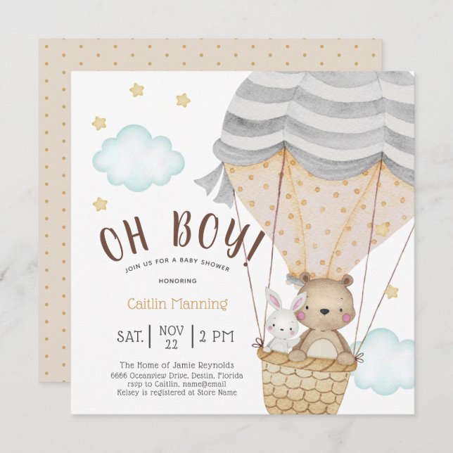 Oh Boy Nalle Woodland Baby Shower Inbjudningar (Fram/baksida)