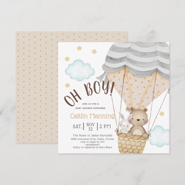 Oh Boy Nalle Woodland Neutralt Baby Shower Inbjudningar (Fram/baksida)