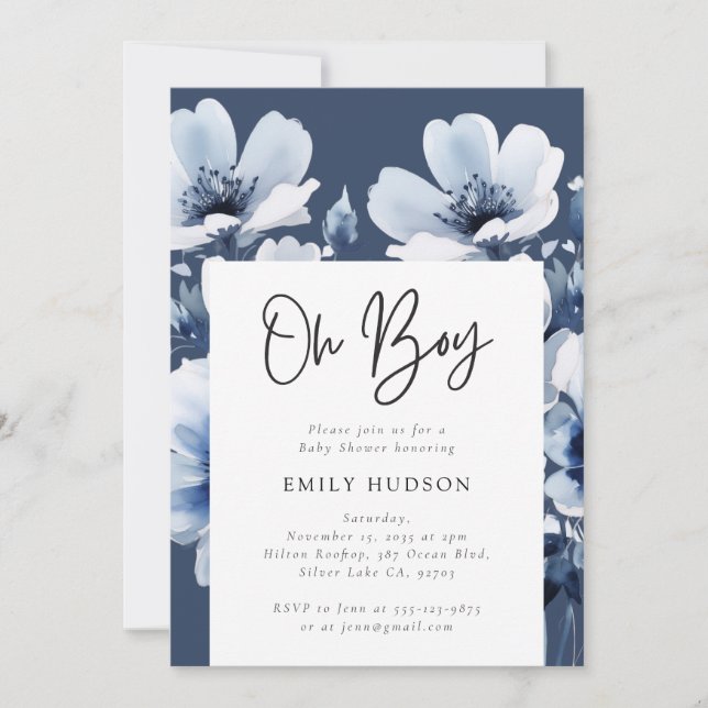 Oh Boy Navy Blue Blommigt Baby Shower Inbjudningar (Framsida)