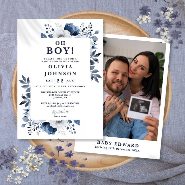 Oh Boy Navy Blue Blommigt Photo Baby Shower Inbjudningar (Oh Boy Navy Blue Floral Photo Baby Shower Invitation)