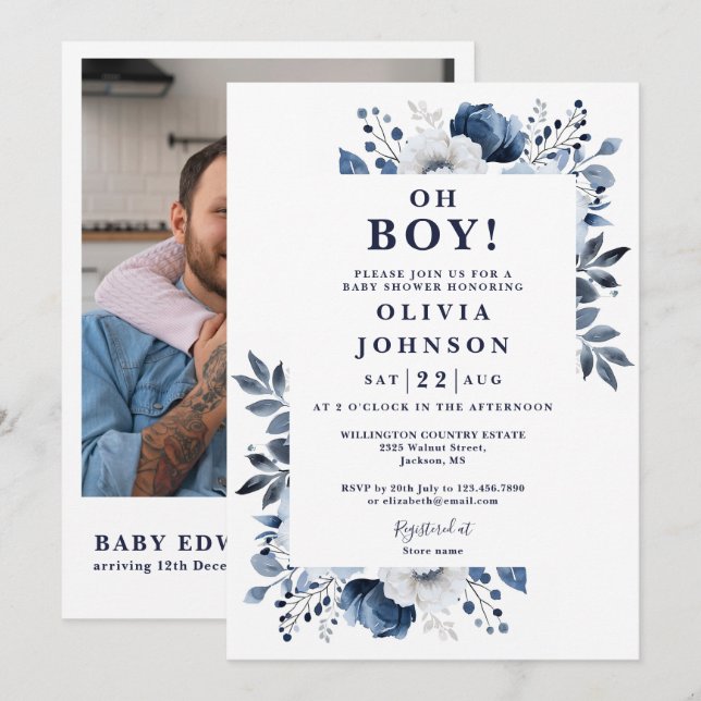 Oh Boy Navy Blue Blommigt Photo QR Baby Shower Inbjudningar (Fram/baksida)