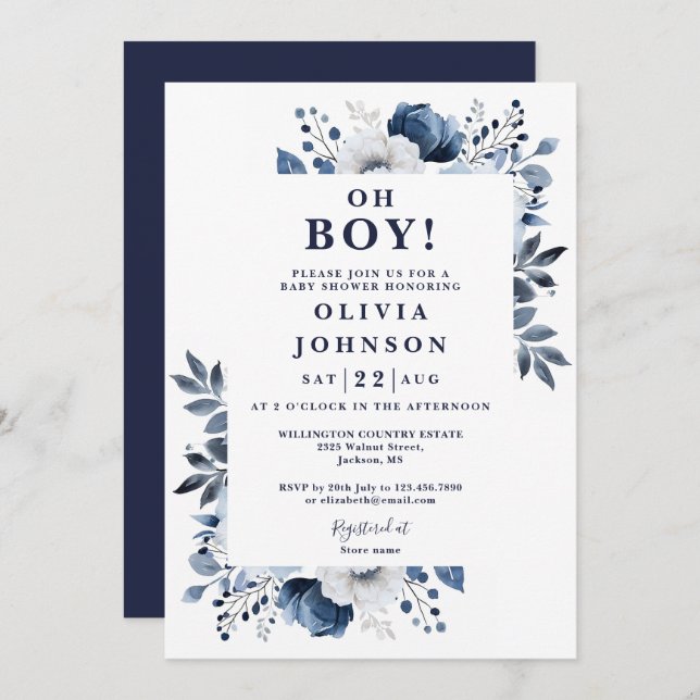Oh Boy Navy Blue Elegant Blommigt Baby Shower Inbjudningar (Fram/baksida)