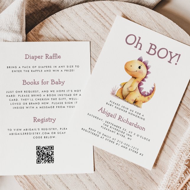 Oh Boy Orange Lila Dinosaur QR Code Baby Shower Inbjudningar (Skapare uppladdad)